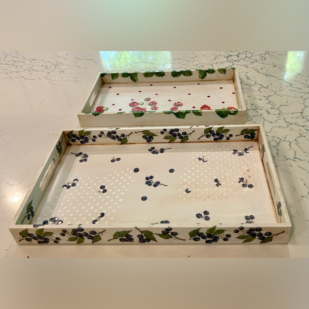 Set of 2 New Handcrafted Wooden Trays - Strawberries and Blueberries